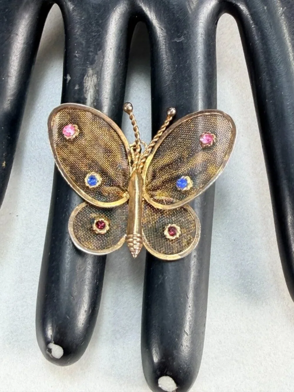 Vintage Gold Mesh Butterfly Brooch Pin stone accents